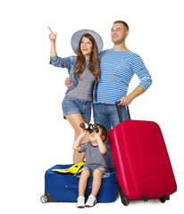 Family Travel Suitcase, Child on Luggage Binocular Looking Up, People Pointing Up with Vacation Baggage, Isolated over White Background