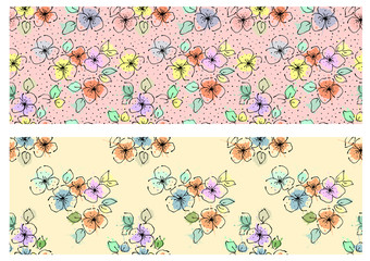 Vector set of seamless floral pattern with flowers, leaves, decorative elements, splash, blots, drop Hand drawn contour lines and strokes Doodle sketch style, graphic vector drawing illustration