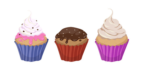 Set of vector cartoon cupcakes isolated on white background