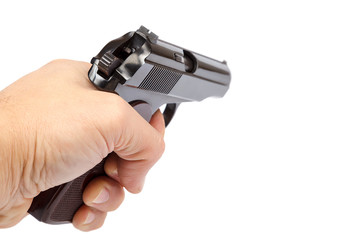 Gun in hand isolated on white background