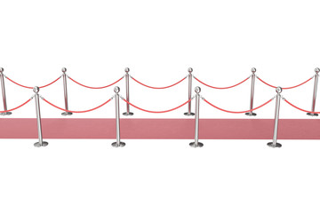 Red event carpet isolated on white background, between two rope barriers. 3d rendering