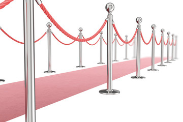 Red valvet carpet isolated on white background with silver stanchiond nad two rope barriers. 3d rendering