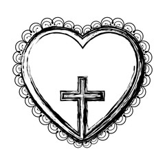 Fototapeta na wymiar blurred silhouette heart decorative frame with small wooden cross inside vector illustration