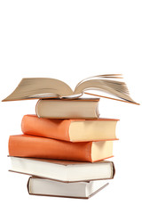 Stack of books on a white background.
