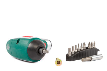 Electric screwdriver with interchangeable bits on white background.