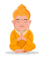 Obraz premium Sitting Buddha. Cute colorful cartoon character for Indian, Buddhism, spiritual holidays. Usable for banner, greeting card, print, poster. Stock vector
