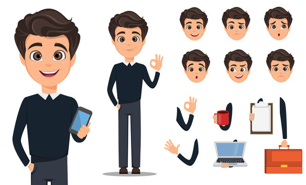 Business man cartoon character creation set. Young handsome smiling businessman in smart casual. Build your personal design - stock vector