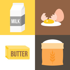 Ingredients icon for bakery products, milk carton, eggs, wheat flour and butter, flat design vector