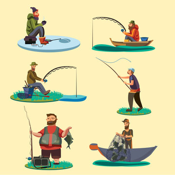 Set of fisherman catches fish sitting on boat and off shore,fisher threw fishing rod into water, happy fishman holds catch and spin, man pulls net out of the water on ice icon vector illustration
