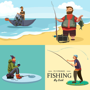 Happy fisherman stands and holds in hand fishing rod with spinning and fish catch, bag with fishman spin and equipment, funny cartoon vector illustration, Man active vacation banner or Flyer concept