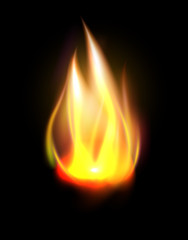 Realistic orange flame element isolated on black background vector illustration.