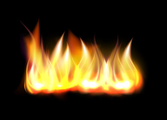 Realistic fire flame element isolated on black background vector illustration.