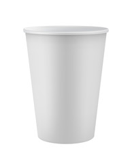 Blank white disposable coffee cup isolated on white background vector illustration. Packaging design element for branding.