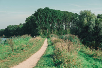 Fototapeta premium Path on grassy dike in dutch summer landscape.