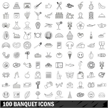 100 banquet icons set, outline style