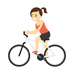Sporty smiling girl in sportswear riding on bike isolated on white background vector illustration. Fitness exercise, sport and healthy lifestyle concept in flat design.