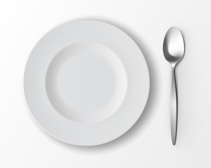 Vector White Empty Round Soup Plate with Silver Table Spoon Top View Isolated on White Background. Table Setting