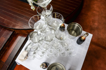 Pyramid of Champagne Glasses with Dry Ice