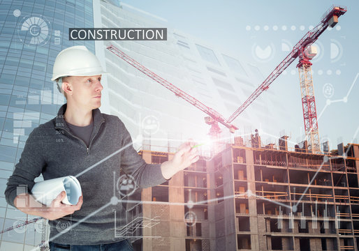 Collage with construction worker holding construction plans