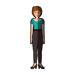 colorful silhouette of woman with blue blouse and pants retro style vector illustration