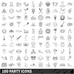 100 party icons set, outline style