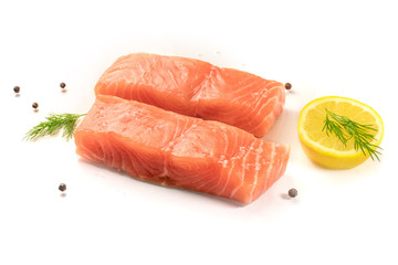 Photo of slices of salmon on white with copyspace
