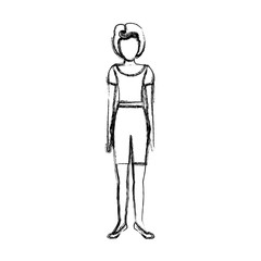 blurred sketch contour body faceless woman with t-shirt and shorts retro style vector illustration