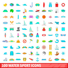 100 water sport icons set, cartoon style