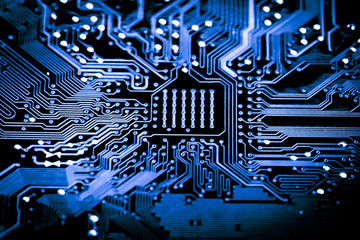 Close up of Electronic Circuits in Technology on  
Mainboard background (Main board,cpu motherboard,logic board,system board or mobo)
