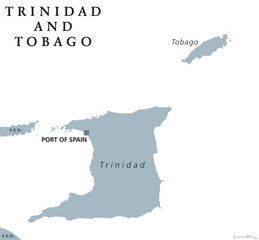 Trinidad and Tobago political map with capital Port of Spain. Republic and Caribbean twin island country in the north of Venezuela. Gray illustration on white background. English labeling. Vector.