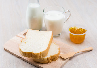 Breakfast with milk, bread and jam on the wooden table