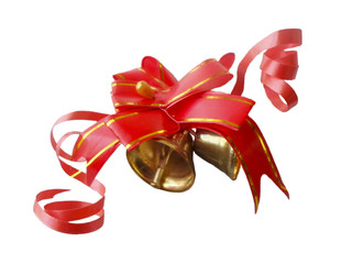 Red bow with bells isolated on white background