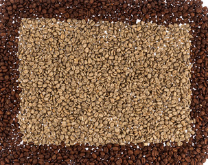 Frame of roasted coffee with unroasted coffee beans in the middle