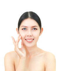 Obraz na płótnie Canvas Beautiful woman Face Portrait Beauty Skin Care smile and touch her face, isolated on white background. Natural makeup, SPA therapy, skincare, cosmetology and plastic surgery concept. Women white skin.