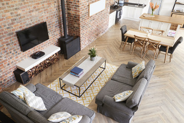 Home Interior With Open Plan Kitchen, Lounge And Dining Area
