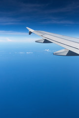   Above the clouds.Wing aircraft on the sky