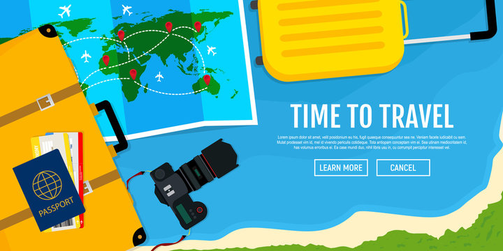Vector web banner on the theme of travel. Vector illustration. Flat design.