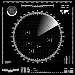 White radar screen on black background, HUD interface