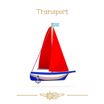 Illustration series cartoon transport: Sailboat toy. Red sail
