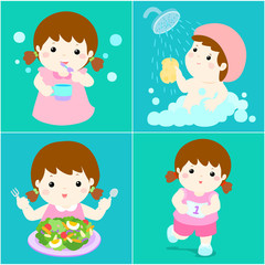 Daily healthy routine for girl cartoon vector