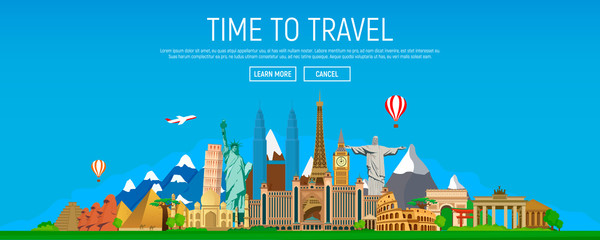 Time to travel. Set of famous landmarks of the world. Concept website template. Modern flat design, vector illustration.