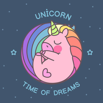 vector funny card of sleeping cute unicorn.