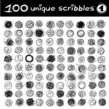 vector SET 100 SCRIBBLES Part 1. Clip art isolated on transparent background.
