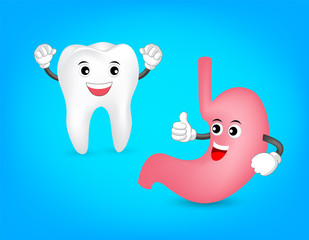 Cute cartoon tooth with healthy stomach. Healt care concept. Illustration on blue background.