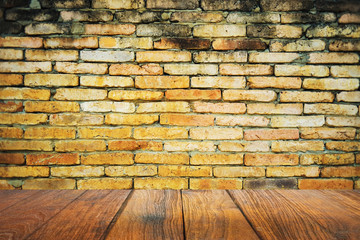 room interior vintage with brick wall and wood floor background	