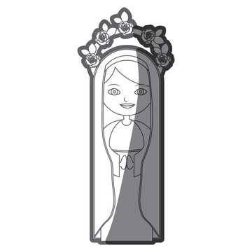 grayscale silhouette of beautiful virgin with crown of roses and mantle vector illustration