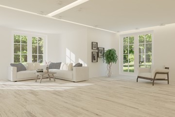 White room with sofa and green landscape in window. Scandinavian interior design. 3D illustration