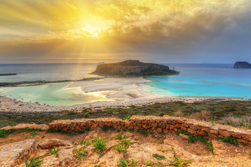 Sunset over amazing Balos beach on Crete, Greece
