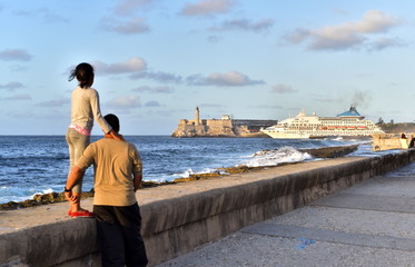 A cruise ship is leaving Havana