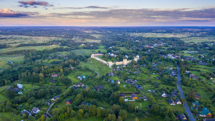 Drone flight over the ancient fortress Izborsk